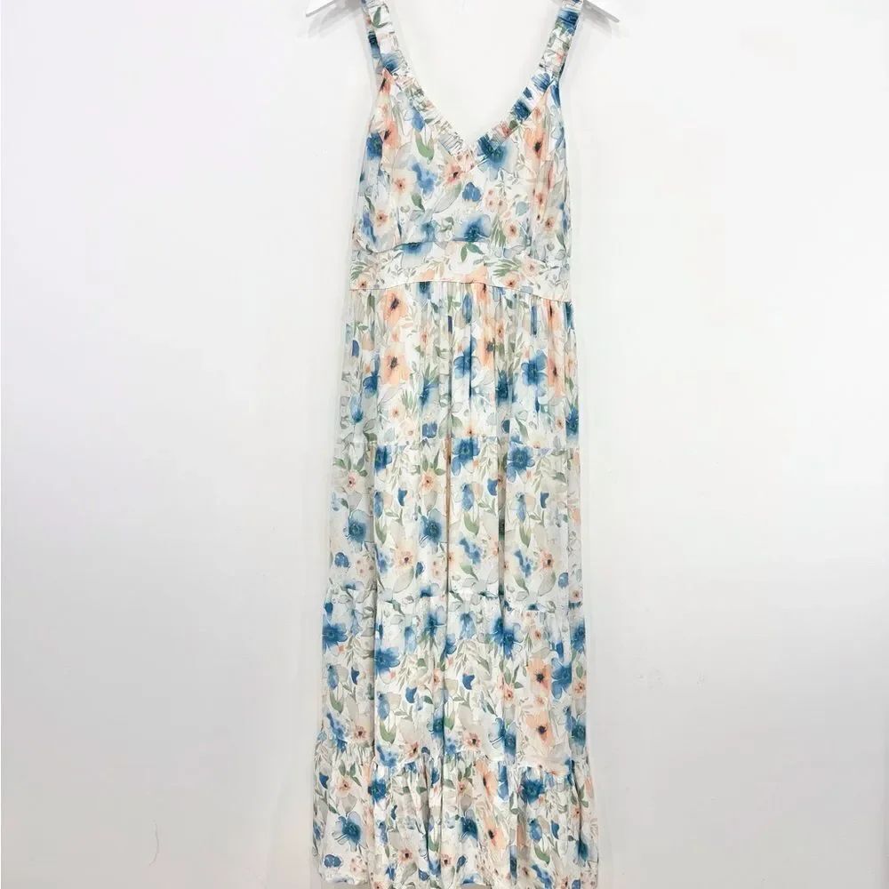 Penelope Rose White Blue Peach Floral V Neck Tiered Maxi Tank Dress NEW